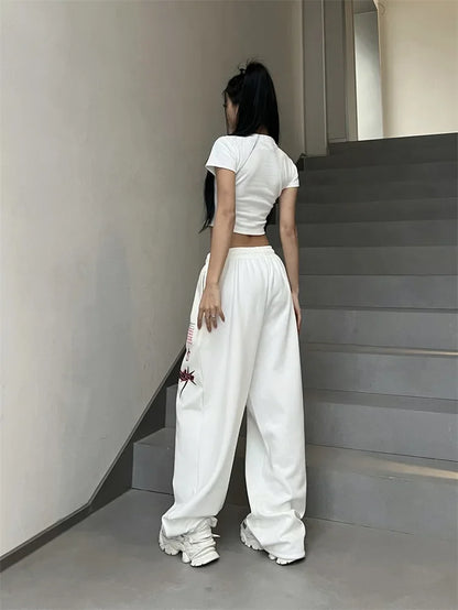 Korean Y2K Streetwear White Jogging Sweatpants Women Harajuku Sports Pants Oversized Hip Hop Letter Wide Leg Trousers - SS69