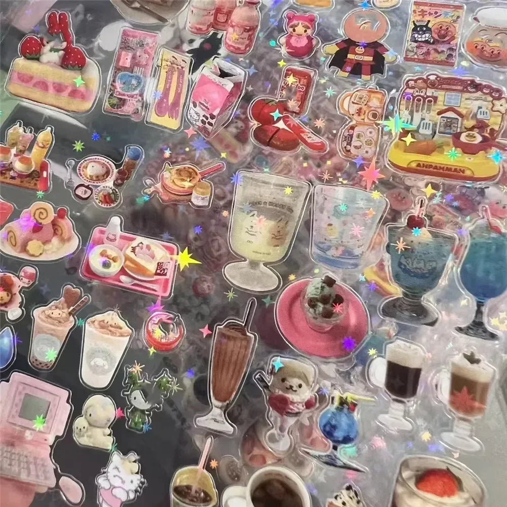 12pcs/10pcs Kawaii Glitter Stickers Transparent Journal Stickers PET Scrapbooking Cut Film Toploader Scrapbooking Deco Home SS69