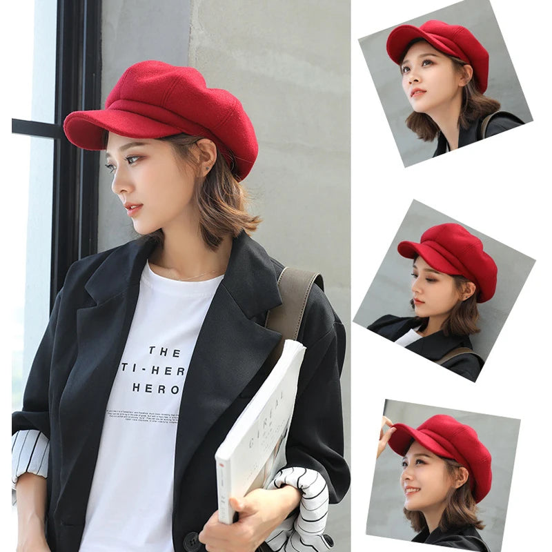 Woolen Octagonal Beret Hat for Women - Autumn/Winter Style