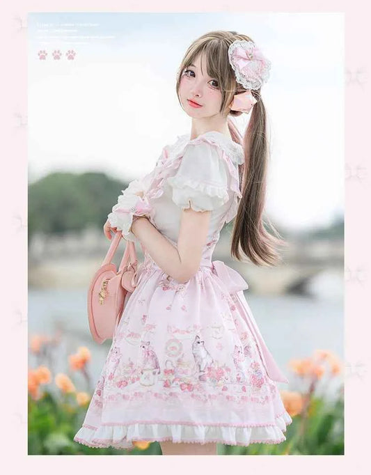 Original New Spring Summer Cute Print Short-sleeved Lolita OP Dress Japanese Sweet Girl Mass-produced Kawaii Bow Short Dresses