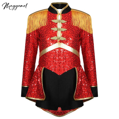 Moggemol Girls Sequin Ringmaster Bodysuit Long Sleeve Circus Costume