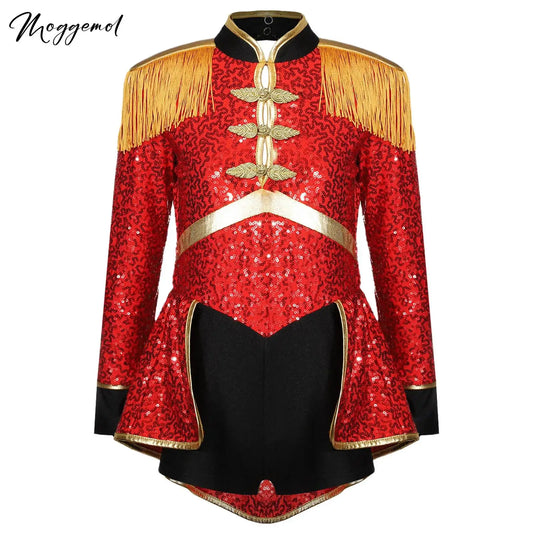 Moggemol Girls Sequin Ringmaster Bodysuit Long Sleeve Circus Costume
