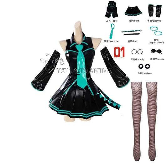in stock Anime Miku Cosplay Full Set Costume Miku 16TH Cosplay Leather Midi Sexy Dress Halloween Carnival Party JK Uniform