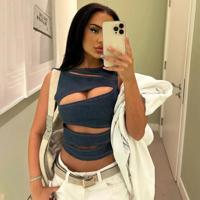 Talenza Women's Sleeveless Round Neck Vest Summer Solid Color Hollow Slim Vest Top Fashion Sexy Streetwear Women's Slim Vest Top SS69