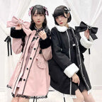 Japanese Sweet Winter Woolen Coat Lolita Style Cute Big Bow Fungus Edge Long Sleeve Slim Kawaii Girls Women Elegant Overcoat