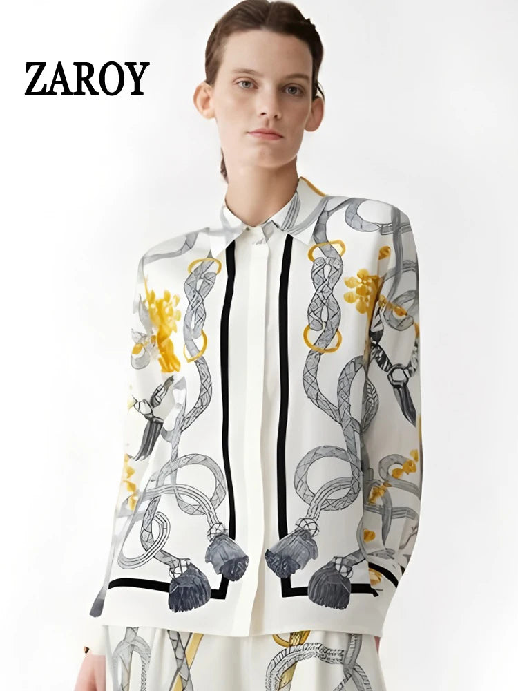 Camisas Newest Exclusive Women Luxury Shirt Long Sleeve Lapel Satin Shirt Old Money Print Brand Design Shirt OL Blouse руба