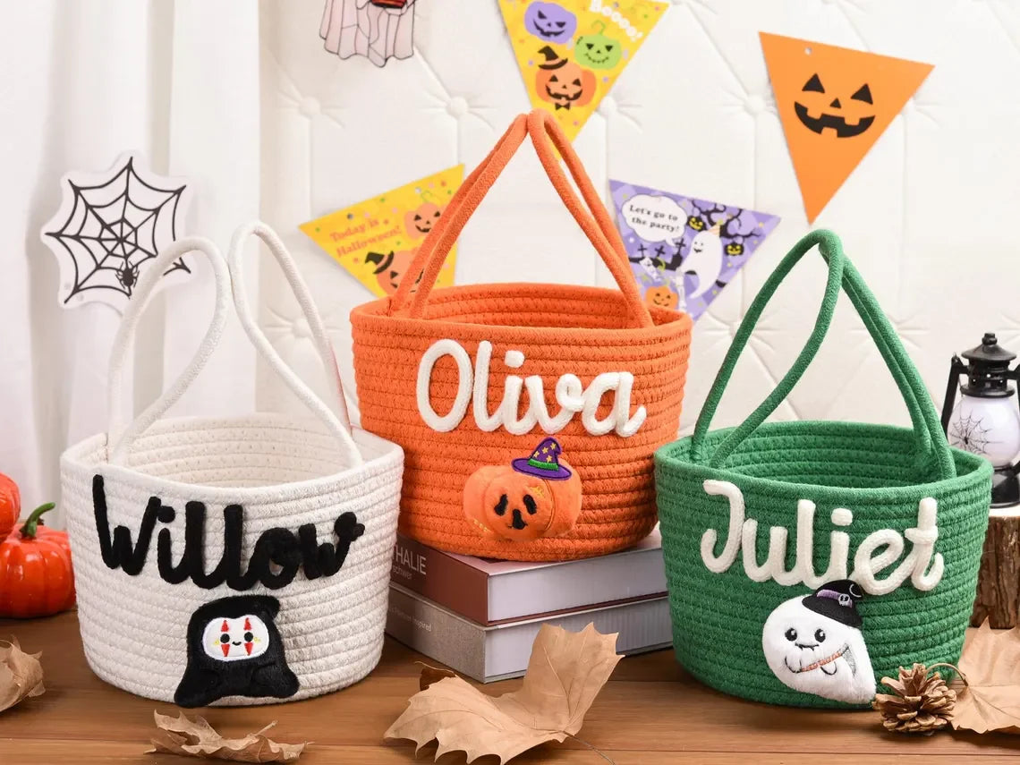 Custom Name Halloween Candy Basket, Personalized Cotton Trick or Treat Bag, Kids Candy Basket, Boo Basket, Halloween Gift,