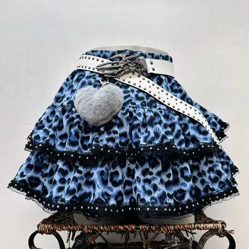 Y2k Japanese Vintage Lolita Style Short Party Skirts Women Gothic Leopard Print Mini Skirts Streetwear Harajuku Punk Skirt Chic