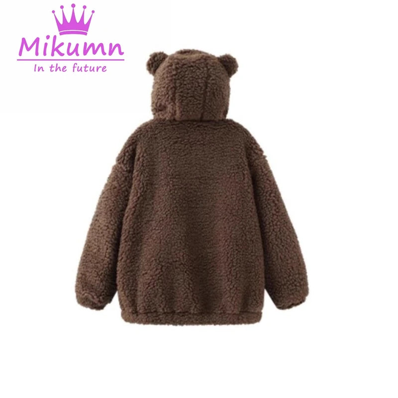 Mikumn Harajuku Y2k Cute Bear Ears Lamb Wool Coat Women's Winter Soft Thickened Warm Hooded Overcoat Female Casual Outwear SS69