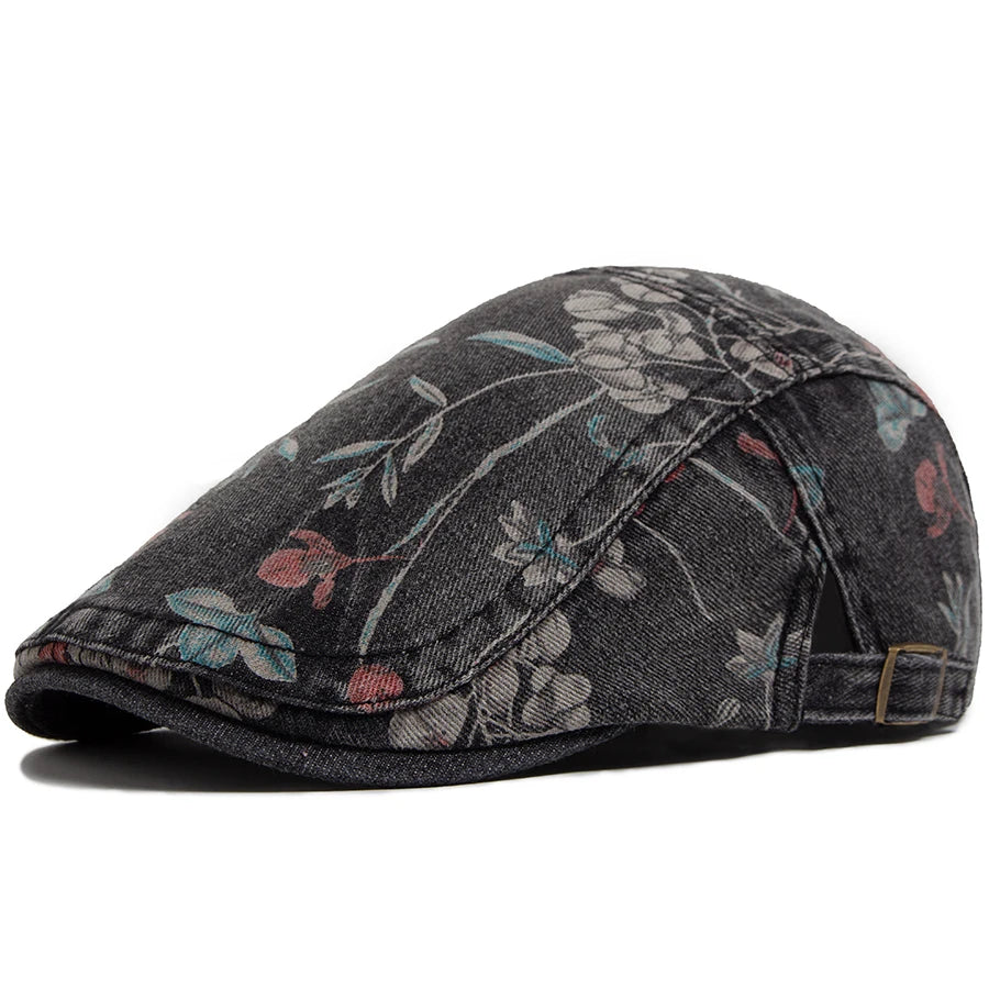 Vintage Floral Print Cotton Beret Hat - Adjustable Newsboy Cap