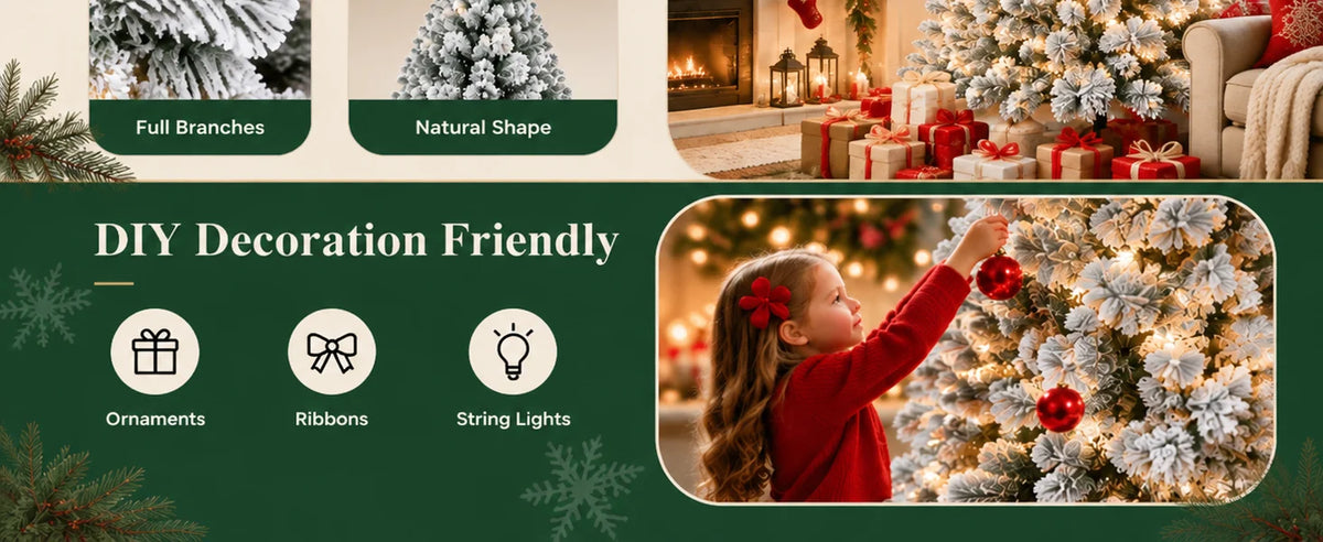 Prelit Artificial Christmas Tree with 100 Lights Snowflake Decorations Hinged PVC Branches Iron Trunk and Folding Metal Stand Green and White Holiday Decor for Living Room Home Christmas Party