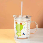 350ml Cute Unicorn Children Milk Cup With Scale Transparent Breakfast Cup With Straw Lid Cartoon Glass Cup For Kids Drinkware