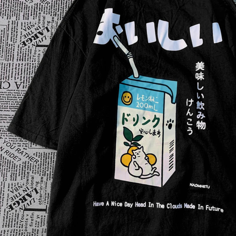 Cute Japanese Cat Print Oversized T-shirt Women Men Short Sleeve Loose Casual Tee Shirt Streetwear Tops Cotton Harajuku Clothing SS69
