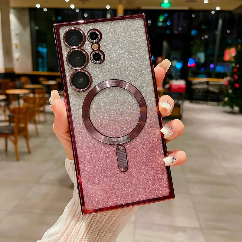 For Magsafe Plating Gradient Glitter Shockproof Phone Case For Samsung S25 S24 S23 S22 S21 S20 Ultra Plus FE Soft Bumper Cover SS69 8.69 For Samsung S24Ultra / Red