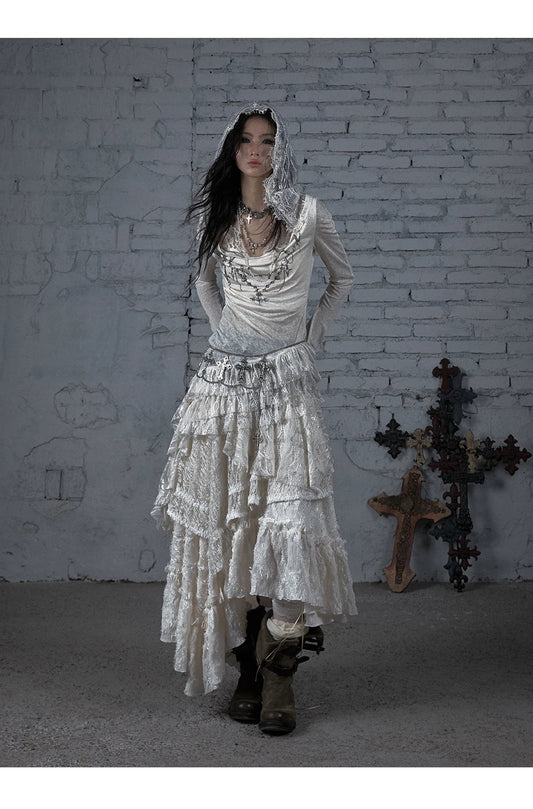 NO ROMANCE Fairy Sexy Punk Printing Half Transparent Lace Patch Knitted Long Sleeve Hooded Dresses Rock Gothic Design Vestidos SS69