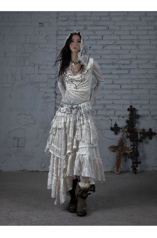 NO ROMANCE Fairy Sexy Punk Printing Half Transparent Lace Patch Knitted Long Sleeve Hooded Dresses Rock Gothic Design Vestidos SS69