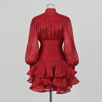 TWOTWINSTYLE Solid Spliced Ruffles Dress Female Stand Collar Long Sleeve Loose French Elegant Women's Dresses Autumn Fashion New