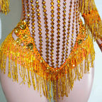 Custom rhinestones bodysuit tassels women Celebrate stage Team pole dance club party fashion leotard clothing