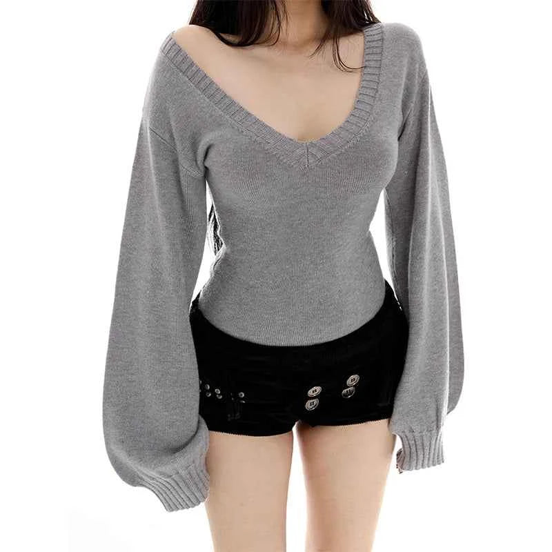 Streetwear Sweater Women Fashion Sexy V Neck Knitted Pullovers Y2K Korean Lantern Long Sleeve Knitwears Autumn Winter Jumpers