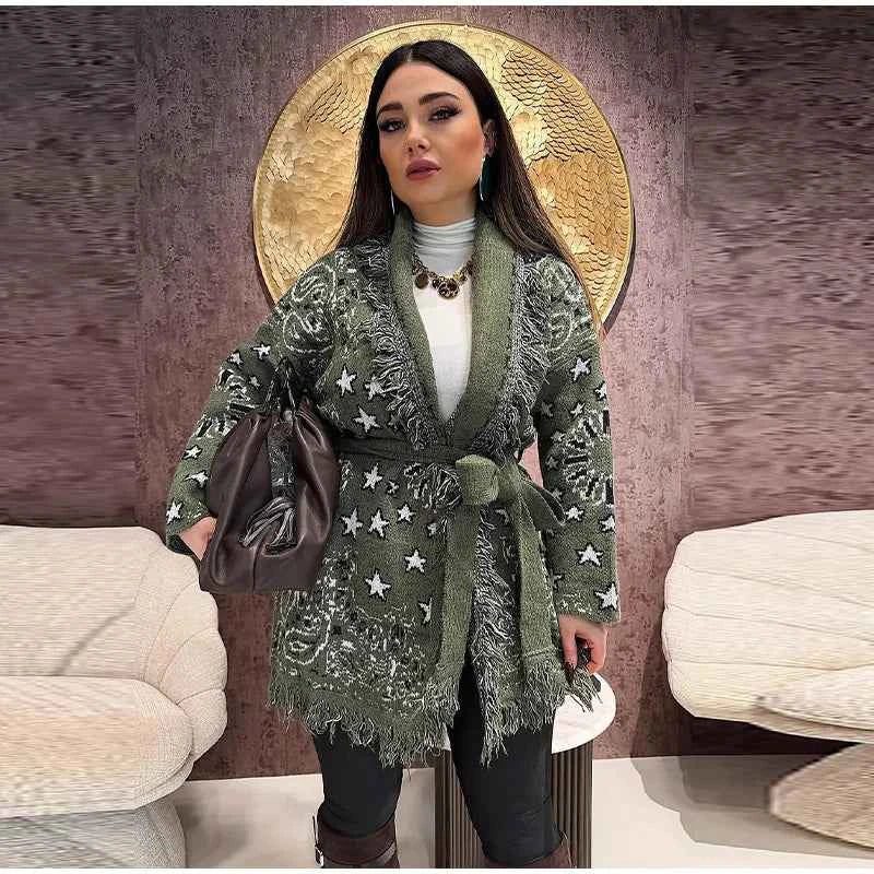 Warm Printed High Collar Knit Cardigans Women Contrast Jacquard Zipper Full Sleeve Pocket Sweater 2026 Spring Lady Chic Knitwear