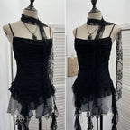 Women's Vintage Tie-dye Printed Mesh Spaghetti Strap Camisole Hot Girl Irregular Ruffled Ribbon Sleeveless Top Partyclub 1185