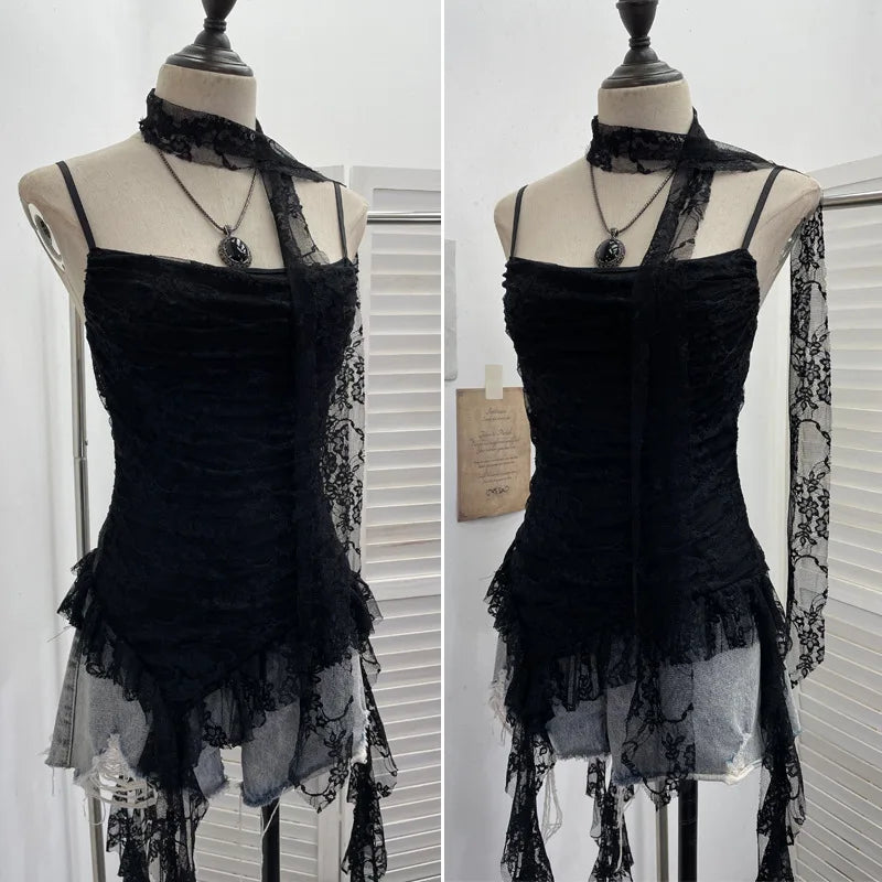 Women's Vintage Tie-dye Printed Mesh Spaghetti Strap Camisole Hot Girl Irregular Ruffled Ribbon Sleeveless Top Partyclub 1185