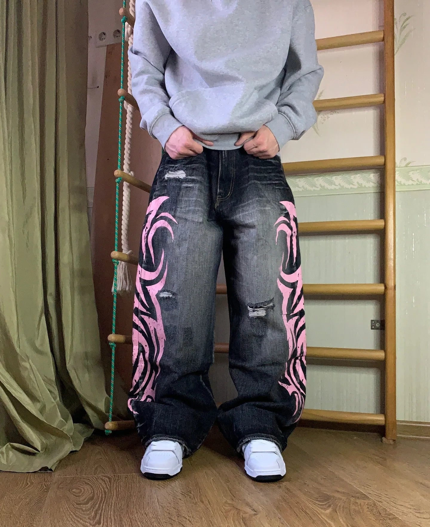 Denim Pant Women Jeans Wide Leg Long Pants Hole High Waist Straight Trousers Y2k Streetwear Print Mom Jeans Casual Loose 2025