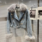 Winter Women Denim Coat Jacket Fox Collar Short  Warm High Street Outerwear Thicken Coat High Quality Luxury Design Party Wear