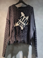 DEAT Women's Loose Knit Patchwork Lantern Sleeve Sweater