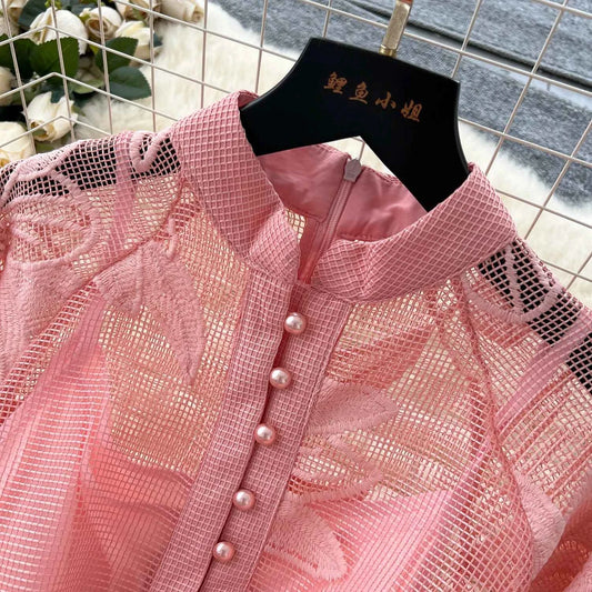 SINGREINY Women Elegant Floral Emboridery Dress Hollow Out Long Sleeve Single Breasted Belt French Court Chic Short A Line Dress