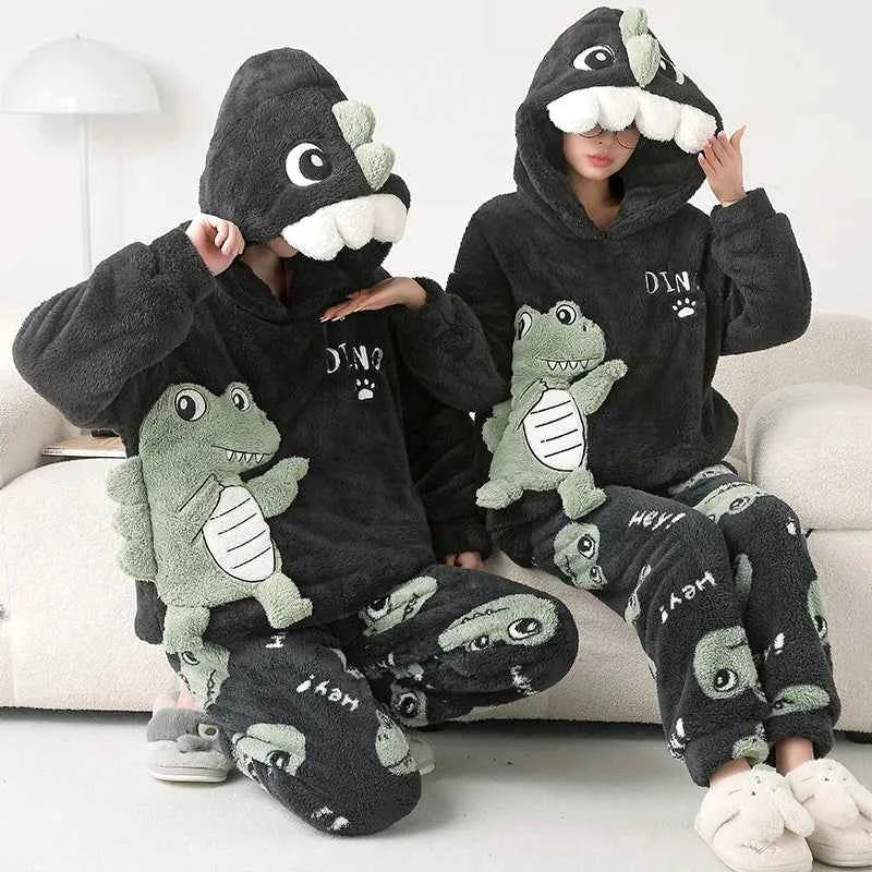 Adult Winter Thicken Sleepwear Pajamas Set Women Coral Fleece Pyjama Cartoon Deer Panda Hooded Homewear Loungewear Pijamas Suit