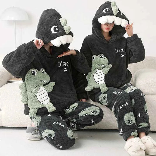 Adult Winter Thicken Sleepwear Pajamas Set Women Coral Fleece Pyjama Cartoon Deer Panda Hooded Homewear Loungewear Pijamas Suit