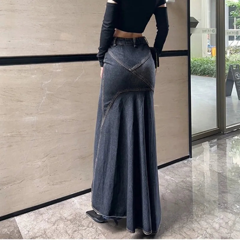 Maxi Skirt Women Casual Mermaid Streatwear High Waist Zipper Denim Skirts Y2k Streetwear Loose Long Mom Jeans Ankle Lenth Summer SS69