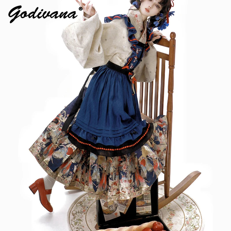 New Spring Chinese Style Female Long-sleeved Weaving Gold Hanfu Dress Set Suit Retro Top Suspender Dress and Pleated Skirt Set