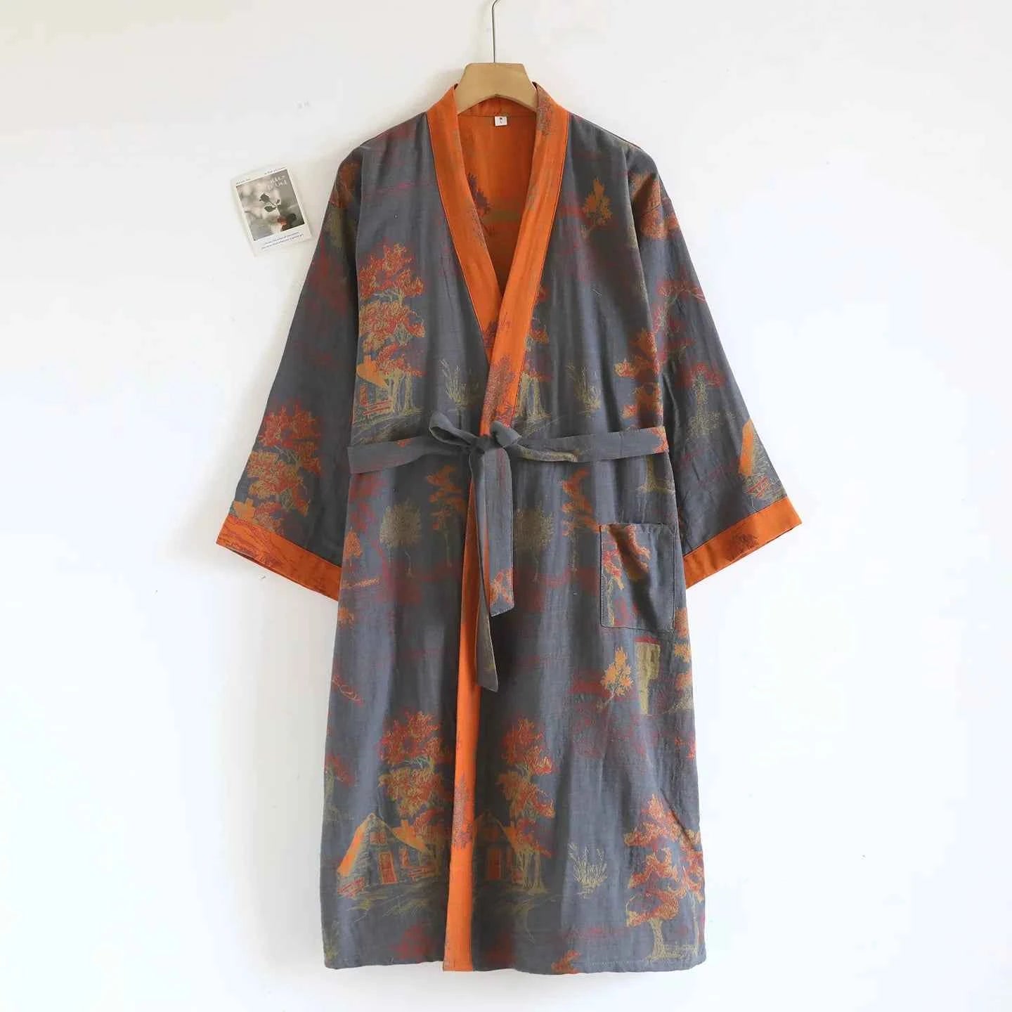 Cotton-colored Woven Jacquard Kimono Robes with Belt Loose Men's Long Sleeve Large Size Yukata Sweat-steamed Clothes