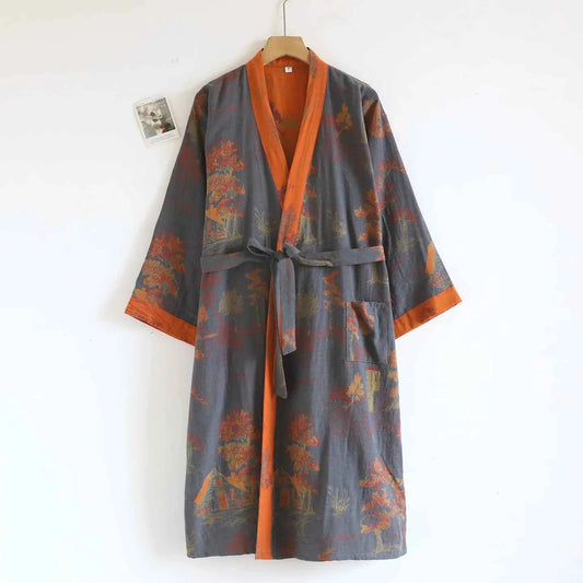 Cotton-colored Woven Jacquard Kimono Robes with Belt Loose Men's Long Sleeve Large Size Yukata Sweat-steamed Clothes