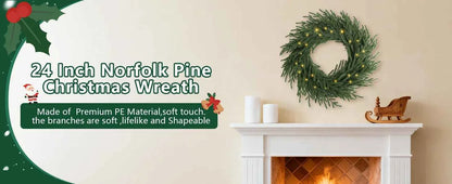 Norfolk Pine Holiday Wreath with LED Lights & Ribbon  24 Inch Battery Powered Front Door Decoration