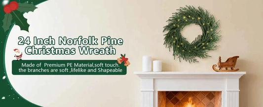 Norfolk Pine Holiday Wreath with LED Lights & Ribbon  24 Inch Battery Powered Front Door Decoration