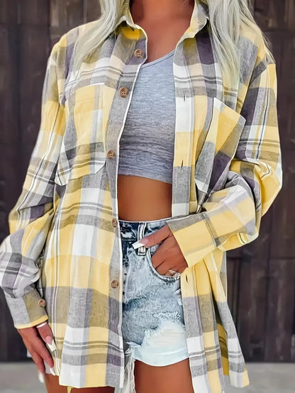 Women Plus Size Fashion Plaid Printed Shirt Casual Loose Long Sleeved Shirt  Lapel Design Shirt Tops SS69 27.69 Yellow / 2XL