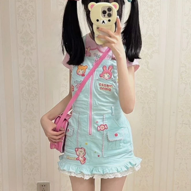 Sweet Lolita Style Strap Dress Women Cute Bunny Cartoon Embroidery Kawaii Party Mini Dress Female Korean Fashion Princess Dress SS69