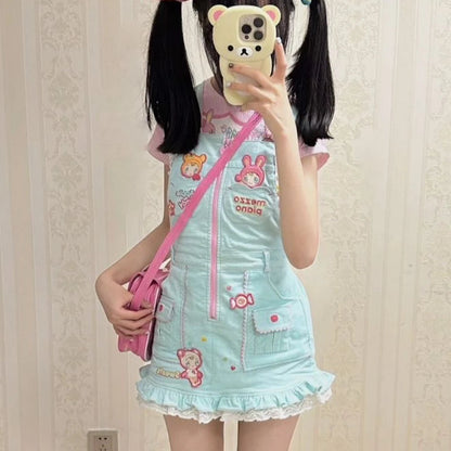 Sweet Lolita Style Strap Dress Women Cute Bunny Cartoon Embroidery Kawaii Party Mini Dress Female Korean Fashion Princess Dress SS69