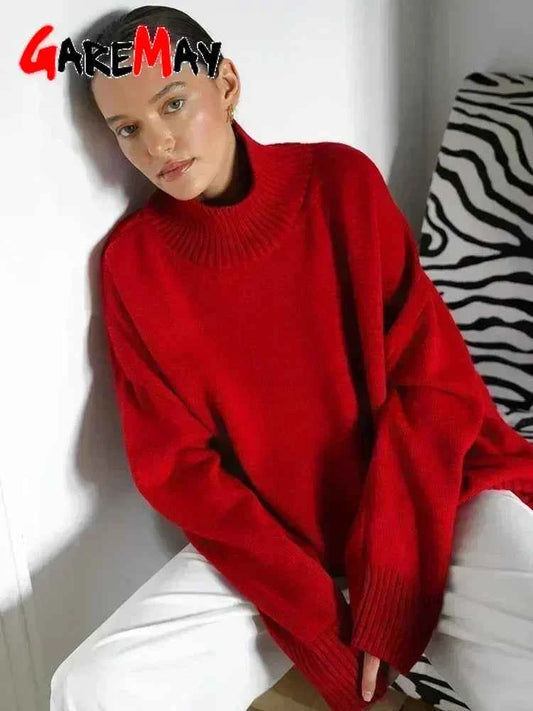 Autumn Women's Knitted Sweater Oversize High Collar Yellow Vintage Pullover Soft Winter Warm Vintage Red Sweaters for Women