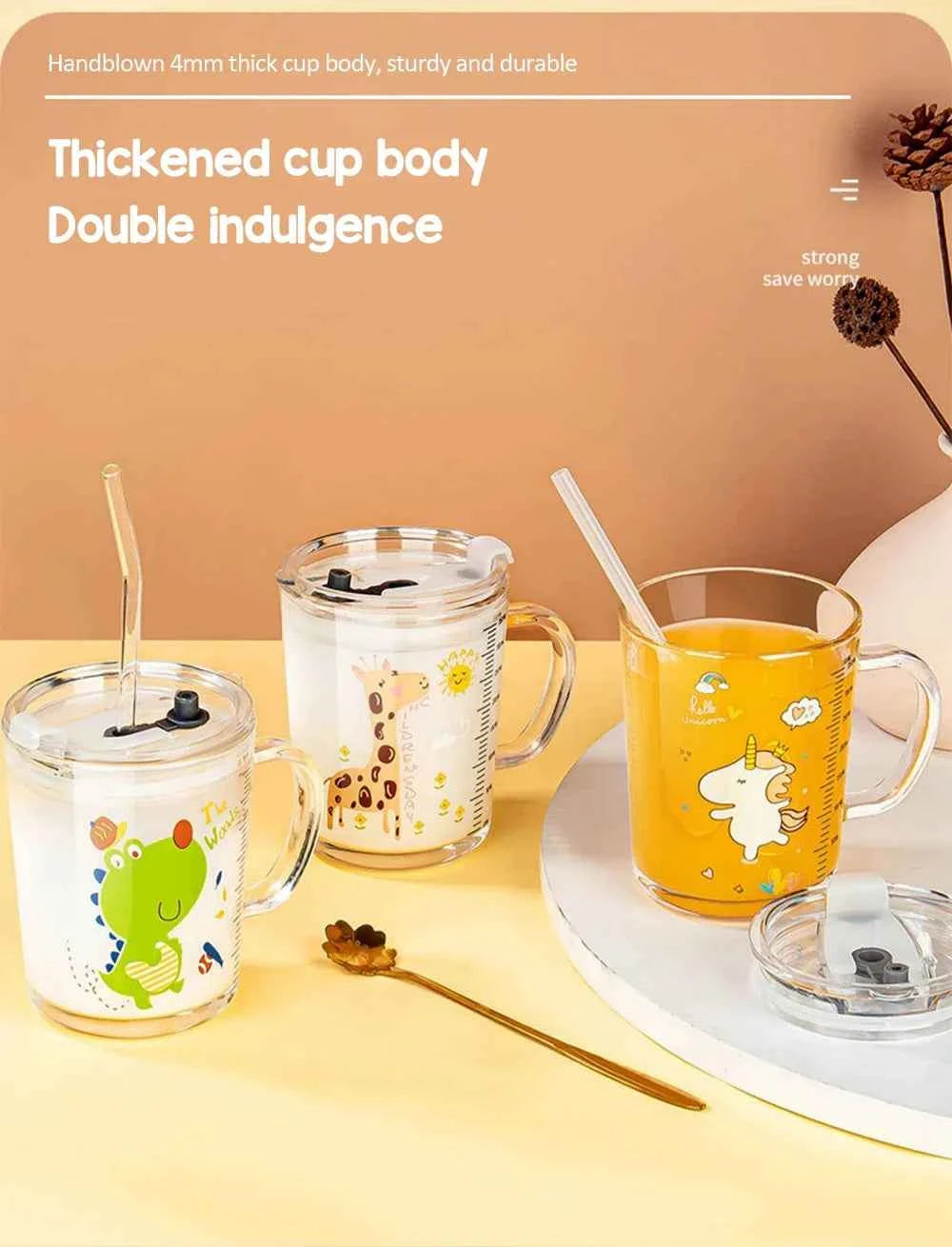 350ml Cute Unicorn Children Milk Cup With Scale Transparent Breakfast Cup With Straw Lid Cartoon Glass Cup For Kids Drinkware