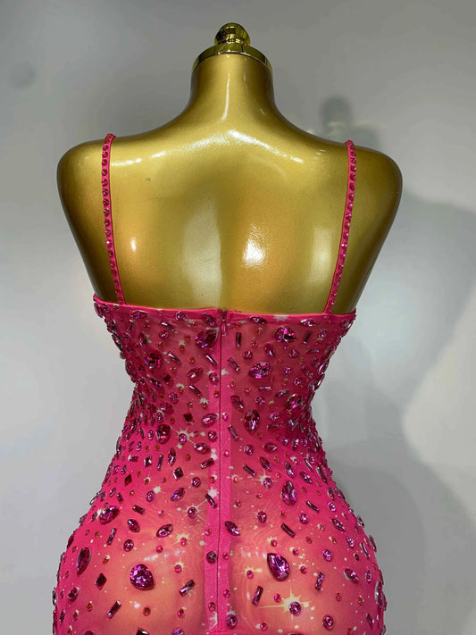 Luxury Rhinestones Sexy Mesh See Through Bodycon Dress Women Birthday Evening Cocktail party Gown Red Carpet Club Stage Outfit