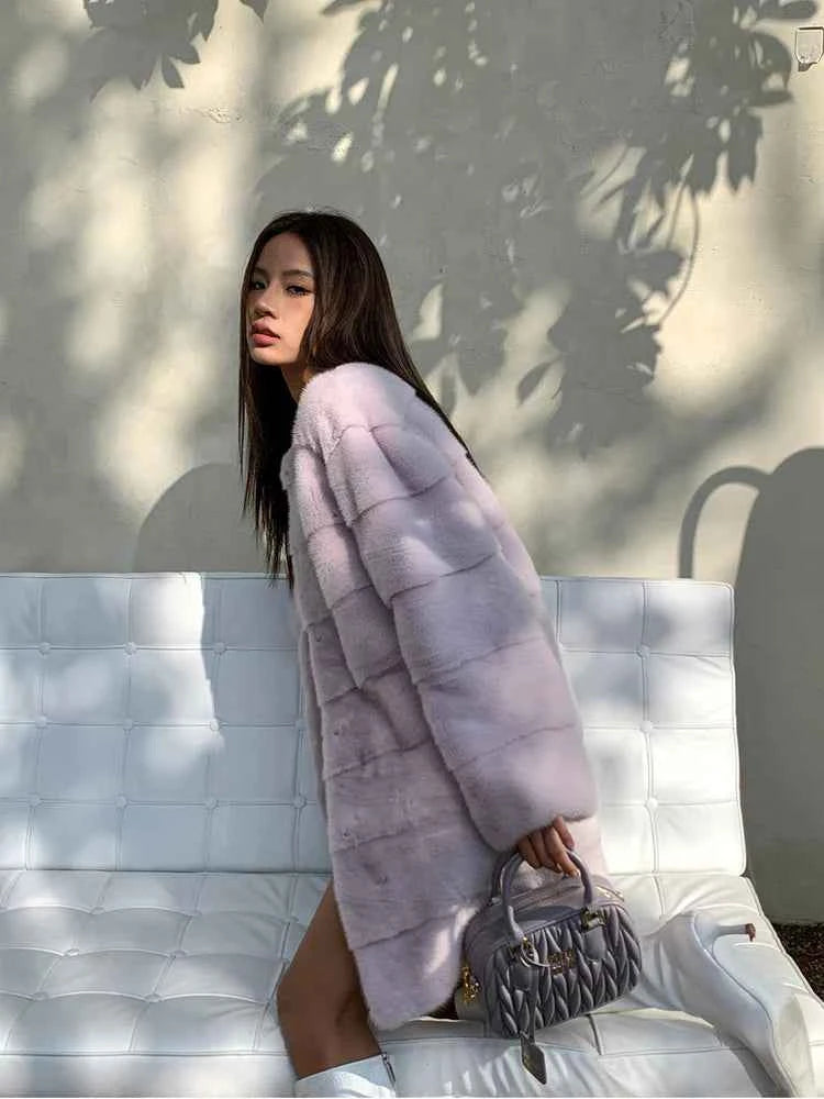 HDHOHR 2025 New 100% Real Mink Fur Coat Women Fashion Essential Natural Mink Fur Jackets Warm Royel Blue Winter Fur Coat