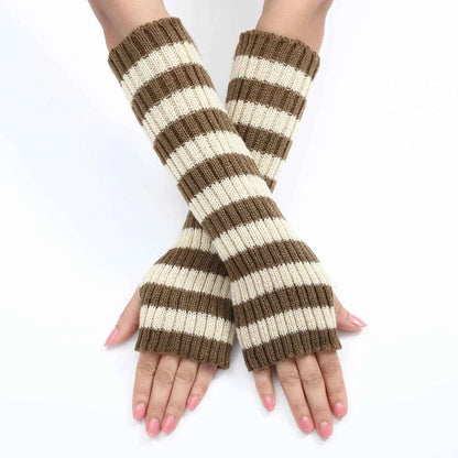Gothic Striped Knitted Fingerless Arm Sleeves Black White Striped Winter Long Arm Warmers Girls Harajuku Y2K Wrist Gloves