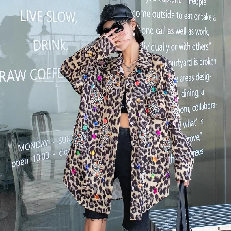 Harajuku Vintage Pearl Beaded Diamonds Leopard Print Women Thin Shirt Jacket Loose Casual Lapel Long Sleeve Female Jacket Coat SS69
