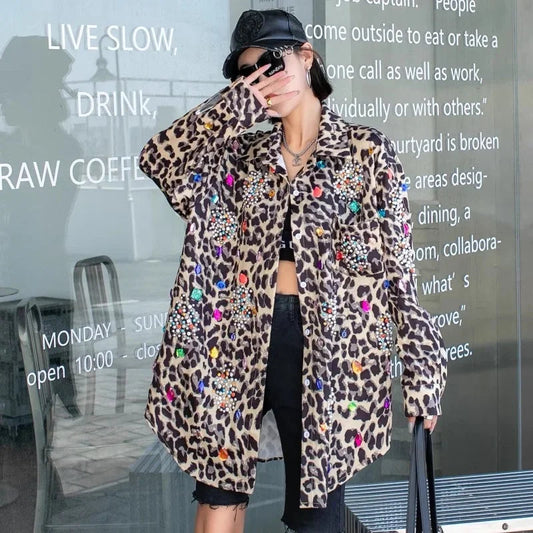 Harajuku Vintage Pearl Beaded Diamonds Leopard Print Women Thin Shirt Jacket Loose Casual Lapel Long Sleeve Female Jacket Coat SS69