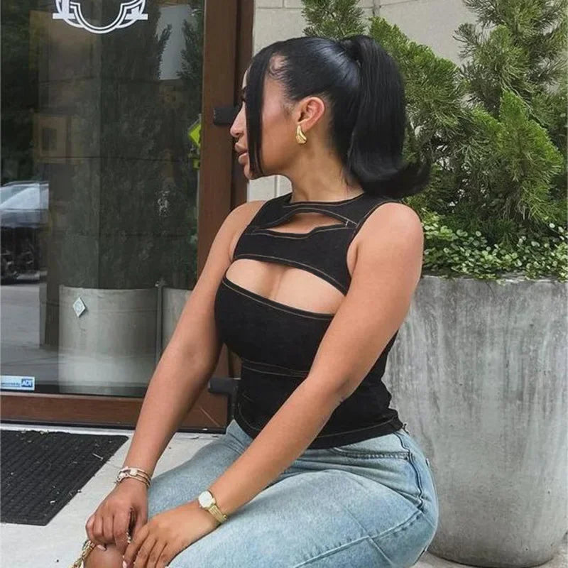 Talenza Women's Sleeveless Round Neck Vest Summer Solid Color Hollow Slim Vest Top Fashion Sexy Streetwear Women's Slim Vest Top SS69