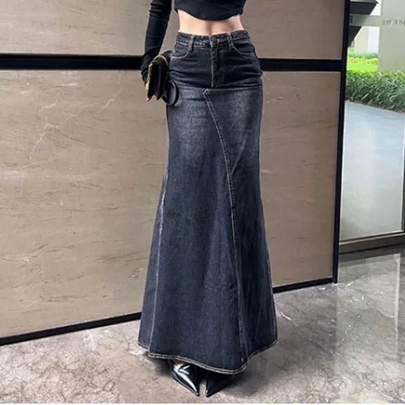 Maxi Skirt Women Casual Mermaid Streatwear High Waist Zipper Denim Skirts Y2k Streetwear Loose Long Mom Jeans Ankle Lenth Summer - SS69